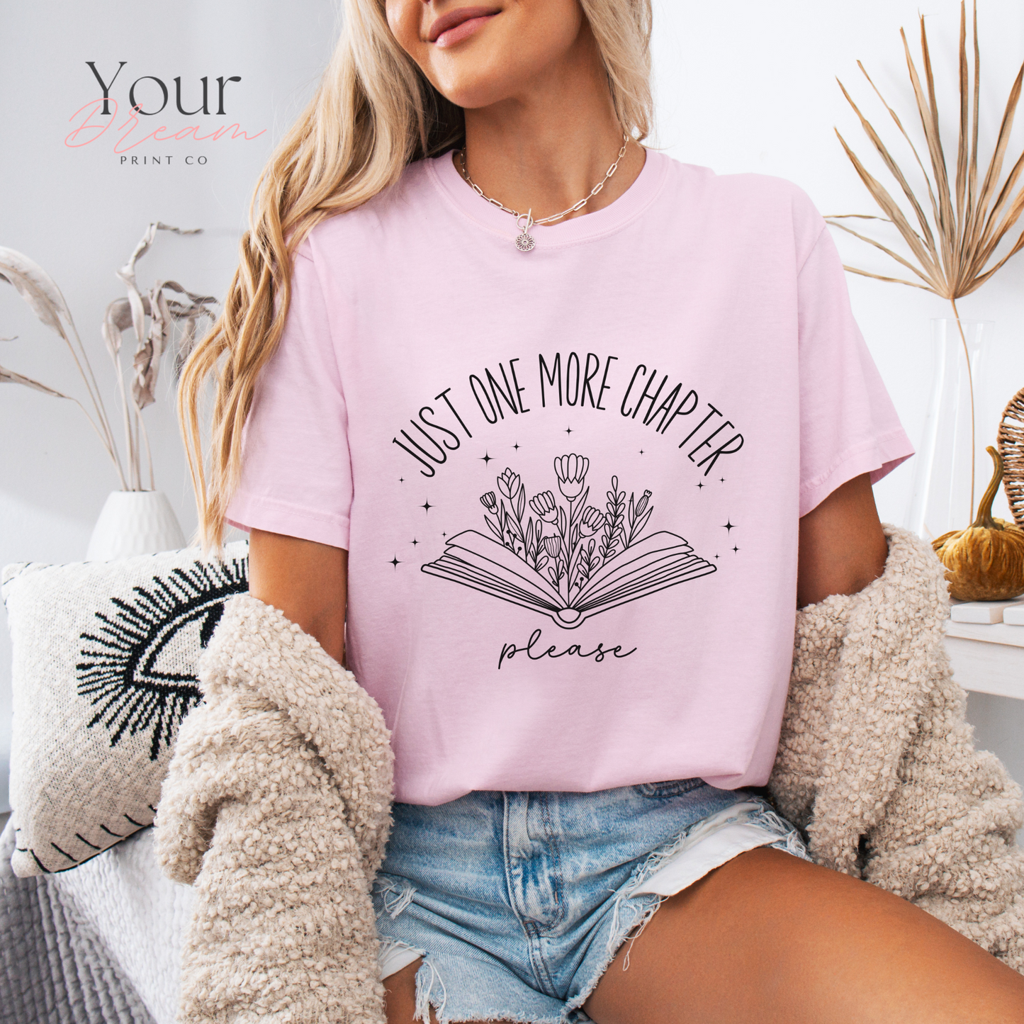 Book Lovers T-Shirt – Just One More Chapter Please with Minimalist Floral Book Design