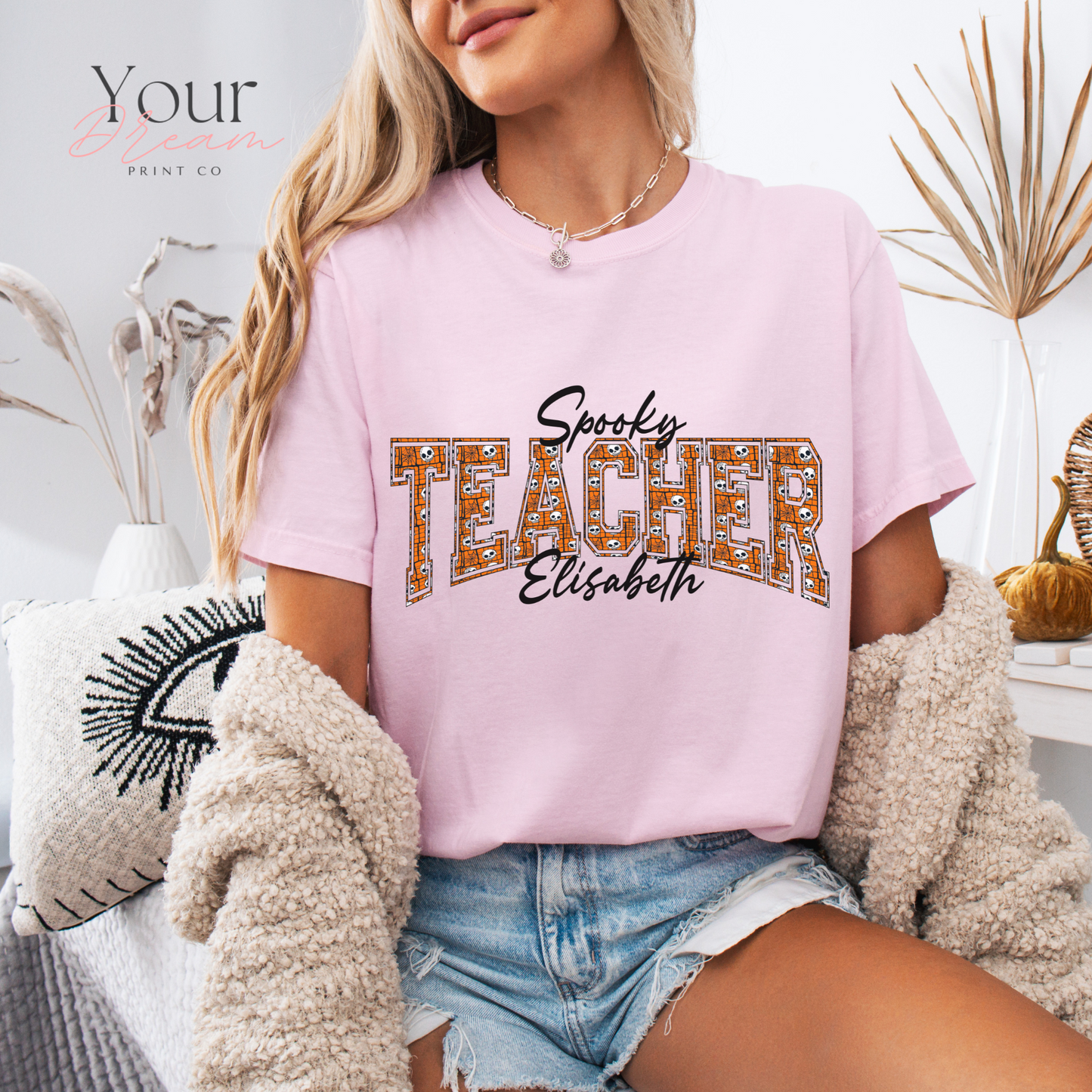 Custom Spooky Teacher T-Shirt | Varsity Letter Halloween Shirt