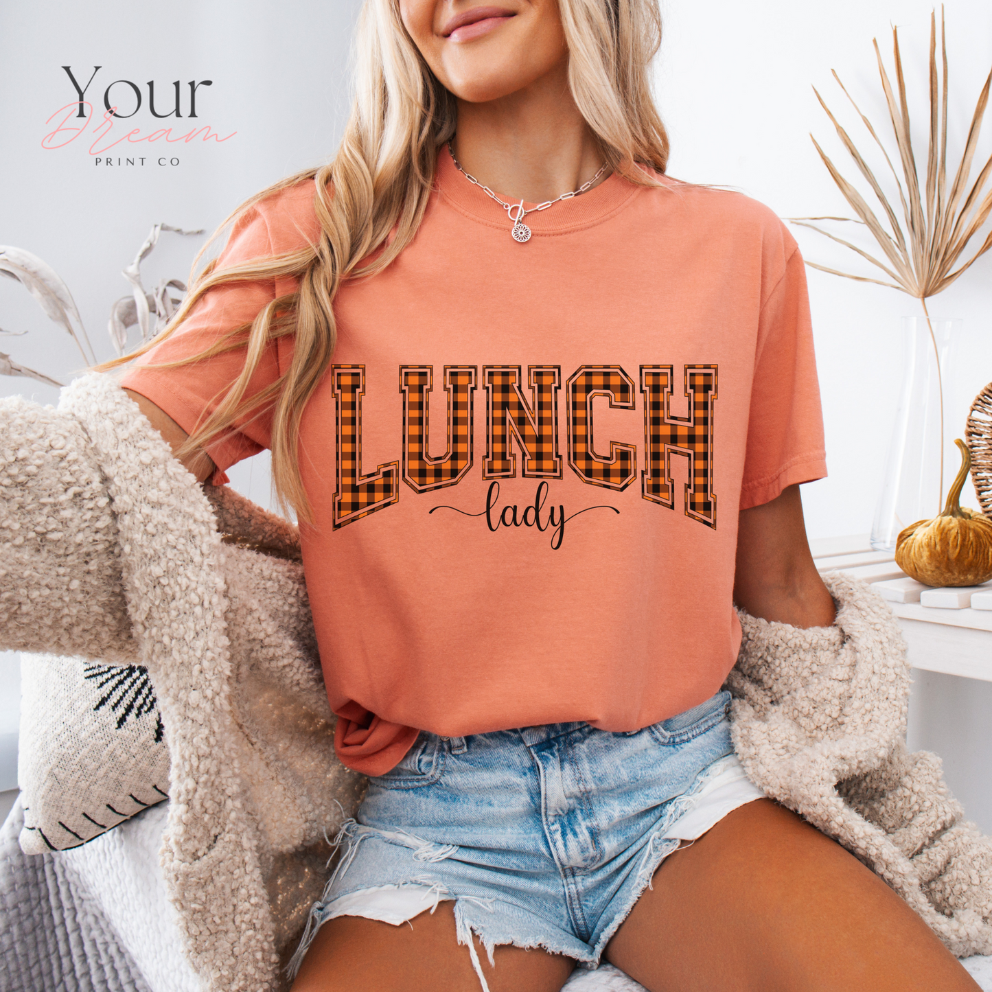 Lunch Lady Halloween T-Shirt – Varsity Checkered Letters in Spooky Colors