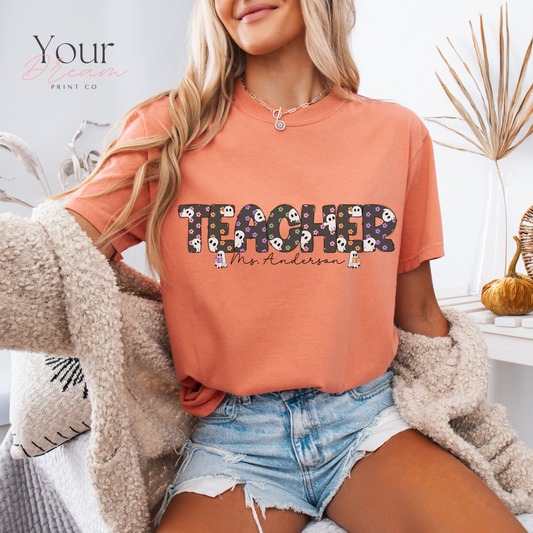 Personalized Teacher Halloween Ghost Shirt – Custom Name Spooky Teacher Gift
