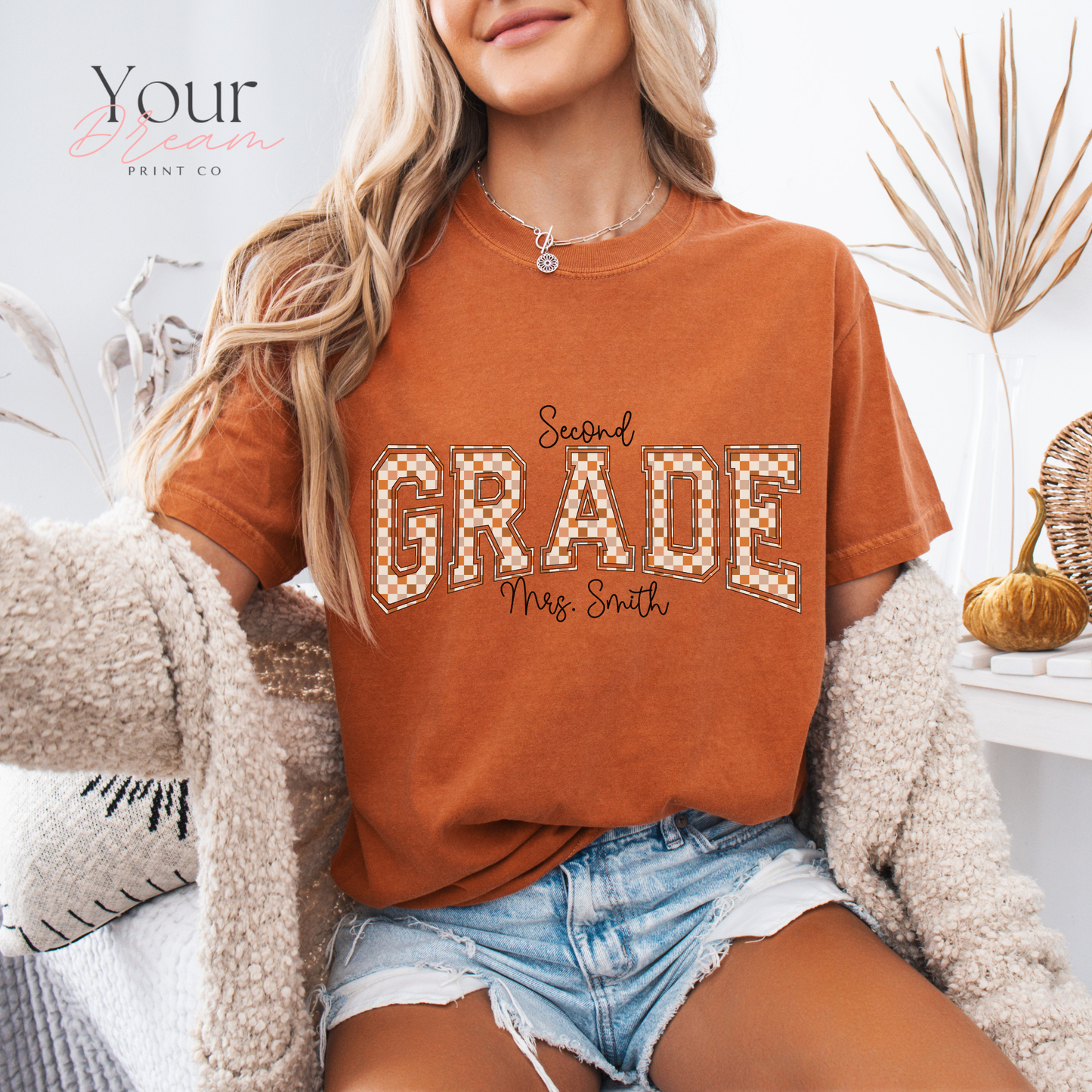 Custom Checkered Varsity Letter Tee – Second Grade Team Shirt