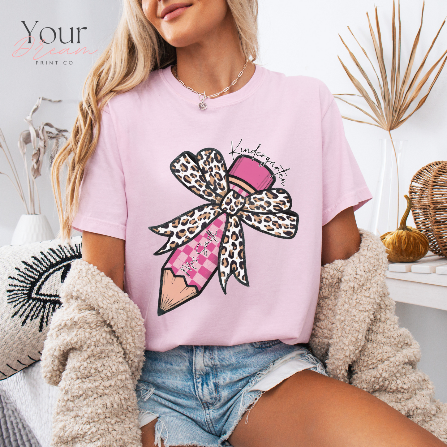Kindergarten Teacher T-Shirt with Coquette Bow & Pencil Print –  Back to School Tee