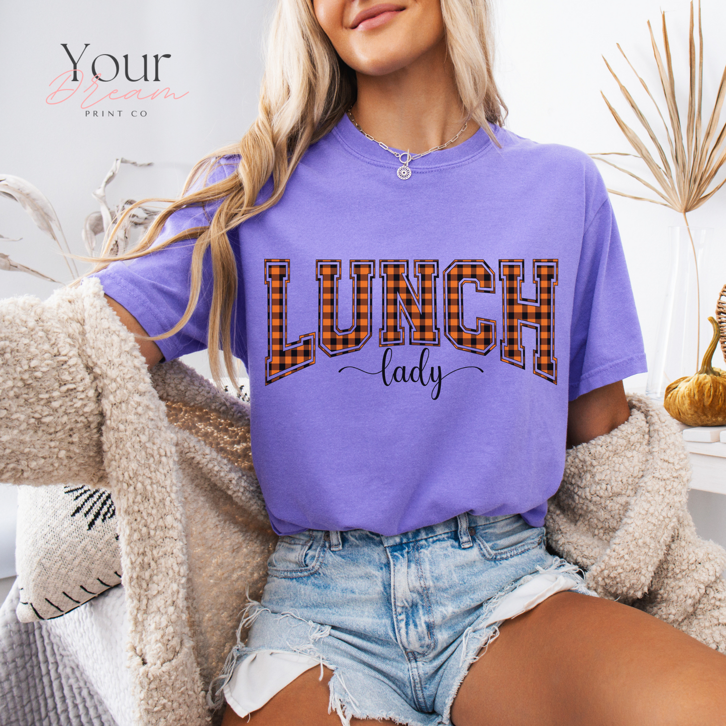 Lunch Lady Halloween T-Shirt – Varsity Checkered Letters in Spooky Colors
