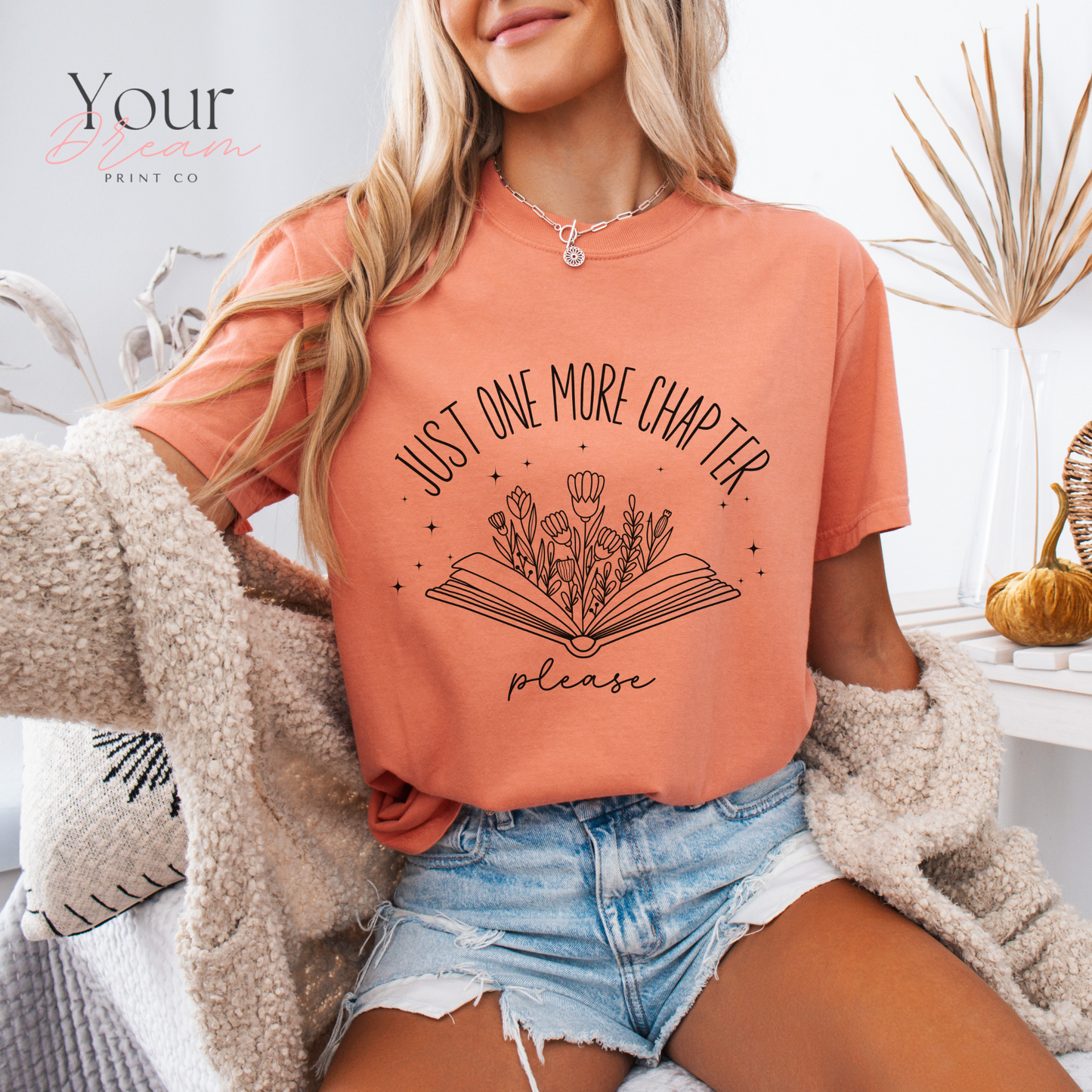 Book Lovers T-Shirt – Just One More Chapter Please with Minimalist Floral Book Design
