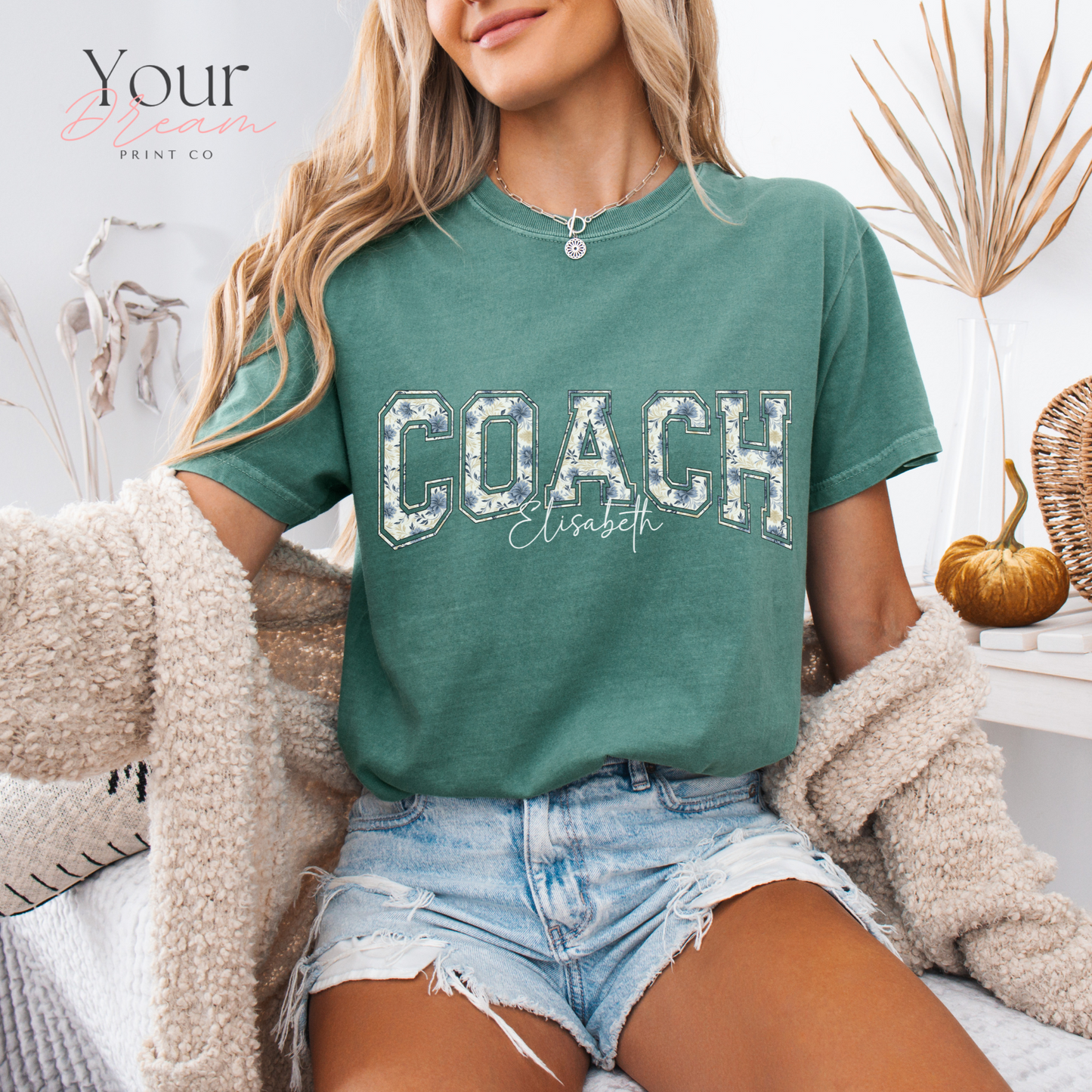 Custom Winter Coach Motivational T-Shirt – Minimalist Blue Floral Design with Name