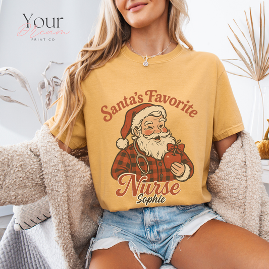 Personalized Santa’s Favorite Nurse Shirt • Custom Name Christmas Nurse Sweatshirt • Holiday Nurse Gift