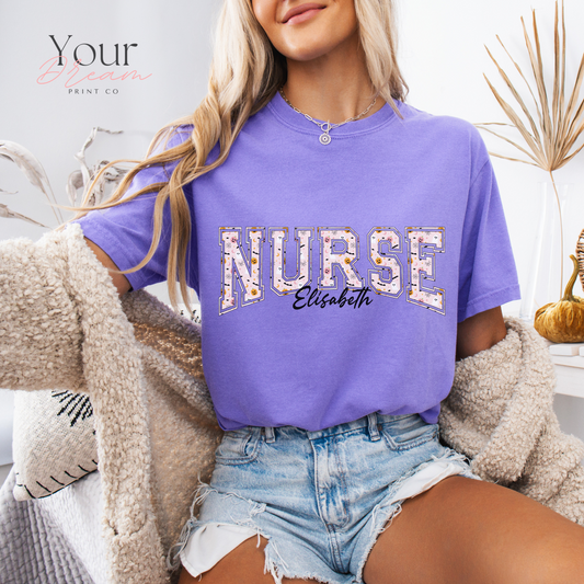 Custom Nurse Halloween T-Shirt – Varsity Lettering with Ghosts &amp; Pumpkins Print