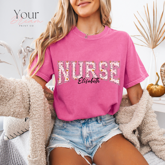 Custom Nurse Halloween T-Shirt – Varsity Lettering with Ghosts &amp; Pumpkins Print