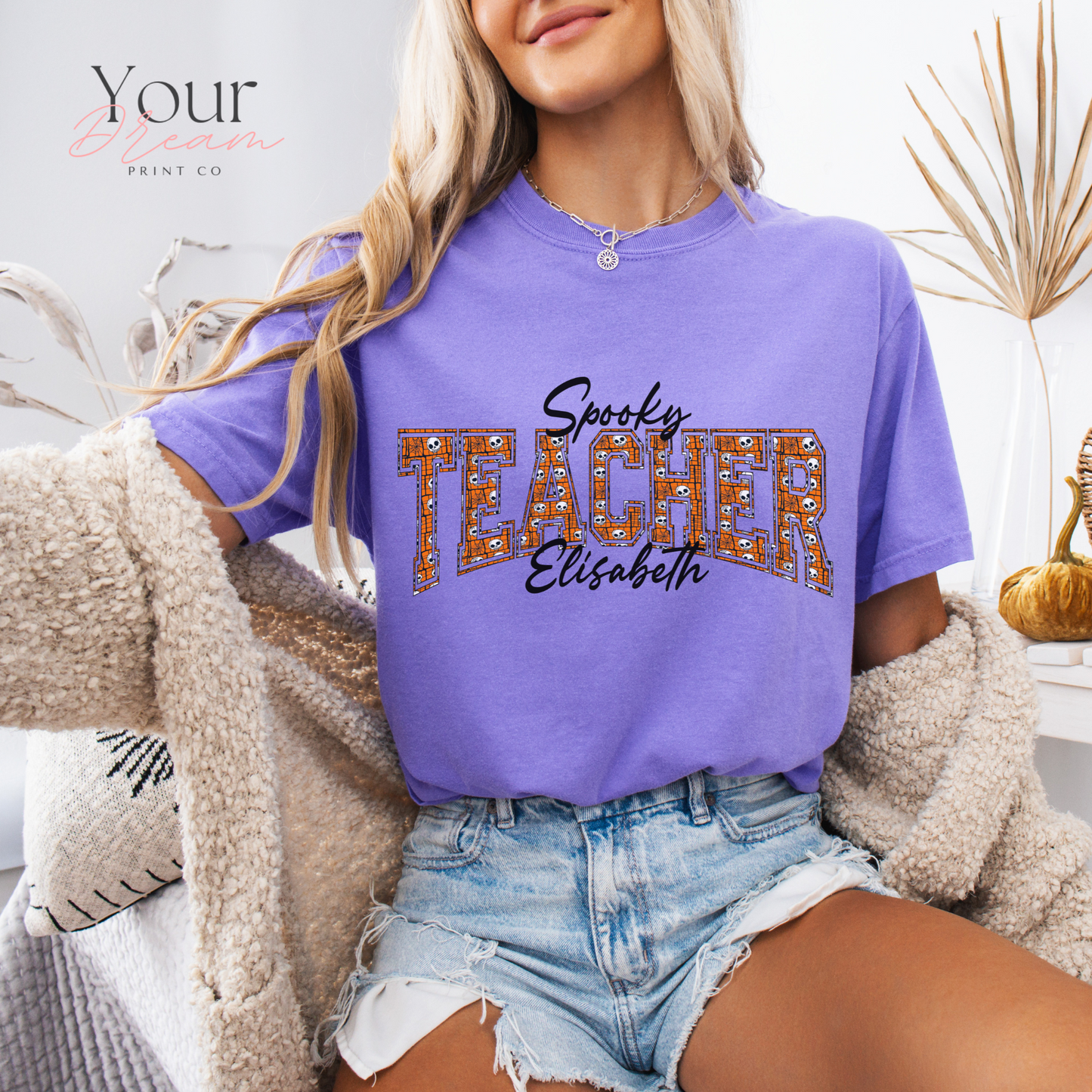 Custom Spooky Teacher T-Shirt | Varsity Letter Halloween Shirt
