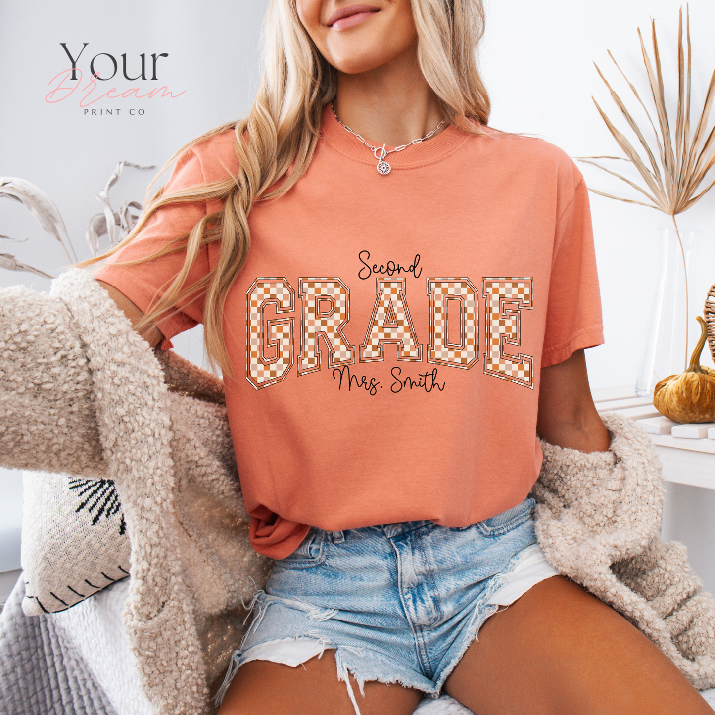 Custom Checkered Varsity Letter Tee – Second Grade Team Shirt