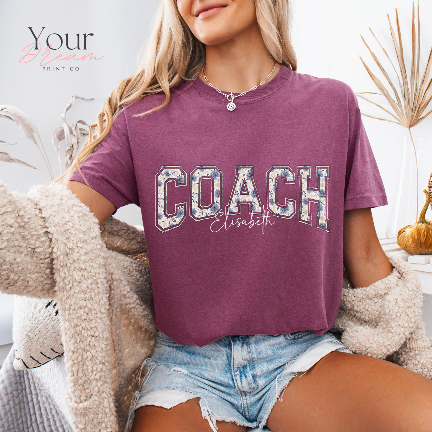 Custom Winter Coach Motivational T-Shirt – Minimalist Blue Floral Design with Name