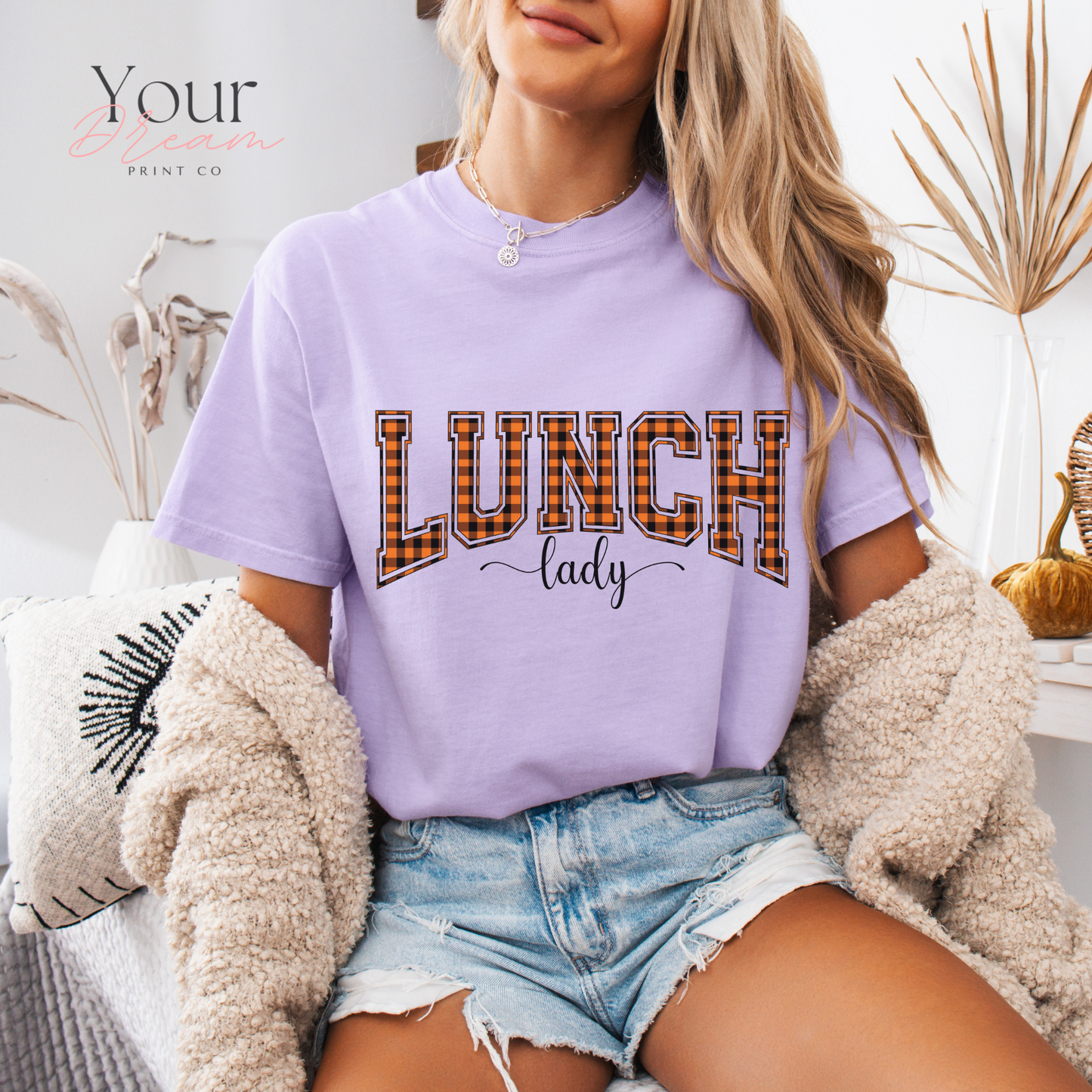 Lunch Lady Halloween T-Shirt – Varsity Checkered Letters in Spooky Colors
