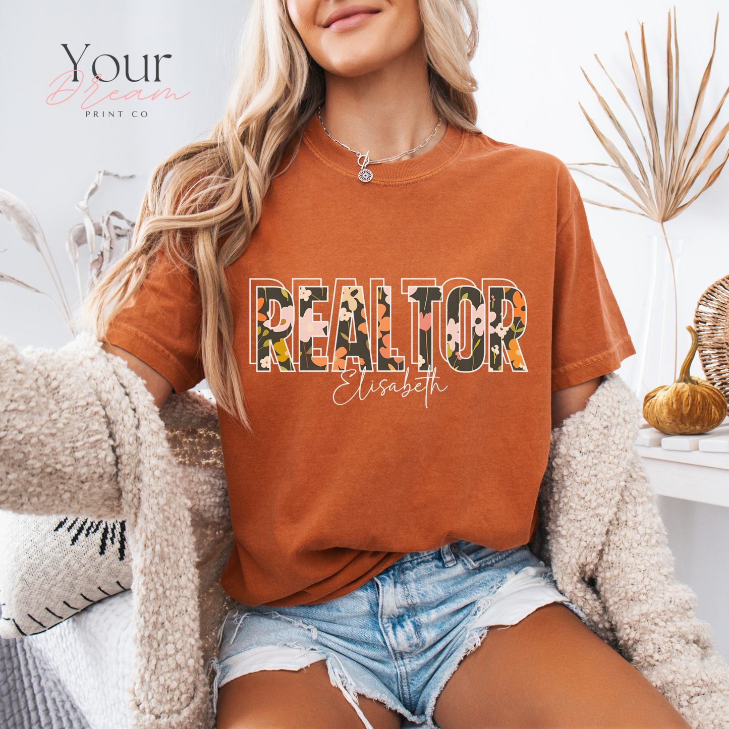 Personalized Realtor Autumn T-Shirt – Fall Leaves Design – Custom Real Estate Agent Tee