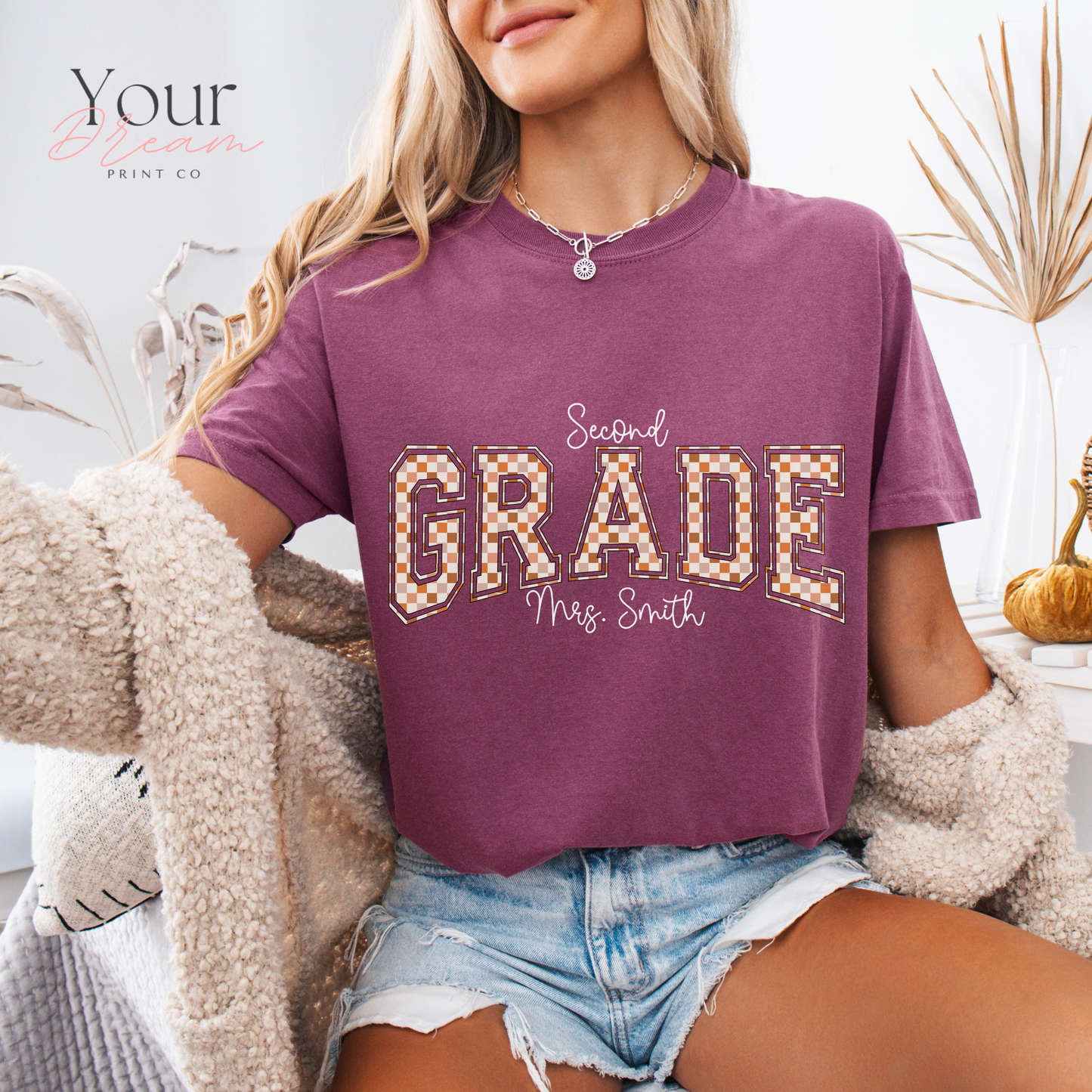 Custom Checkered Varsity Letter Tee – Second Grade Team Shirt