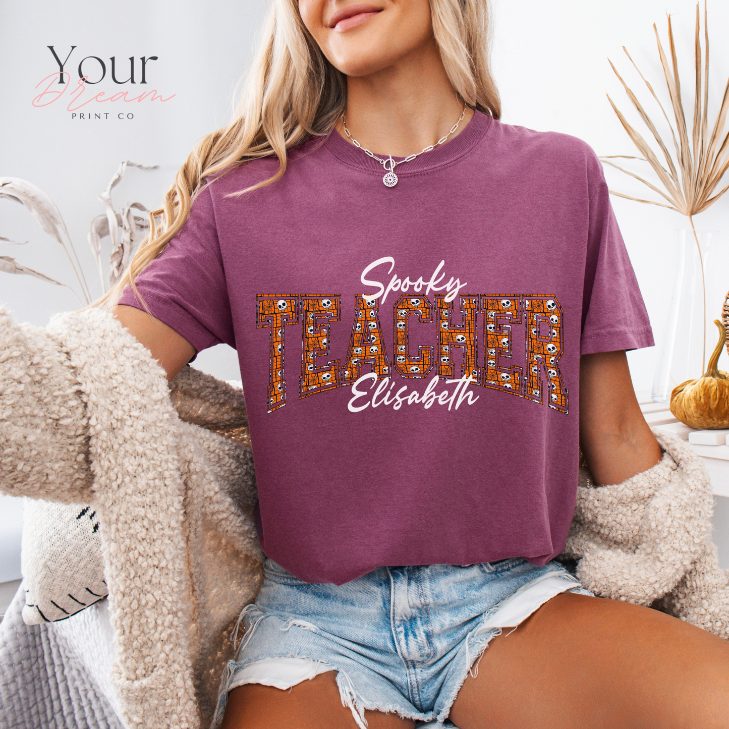 Custom Spooky Teacher T-Shirt | Varsity Letter Halloween Shirt