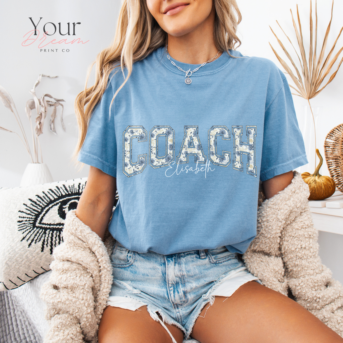 Custom Winter Coach Motivational T-Shirt – Minimalist Blue Floral Design with Name