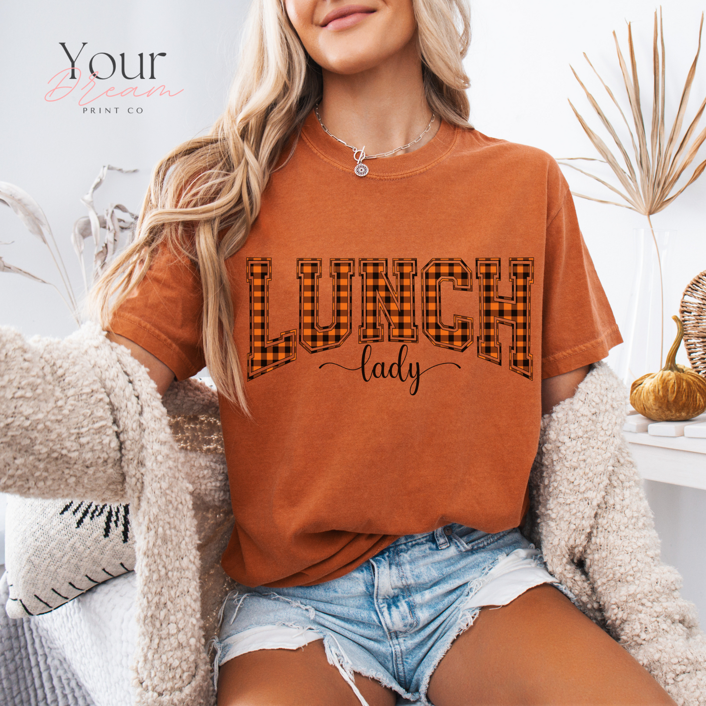 Lunch Lady Halloween T-Shirt – Varsity Checkered Letters in Spooky Colors