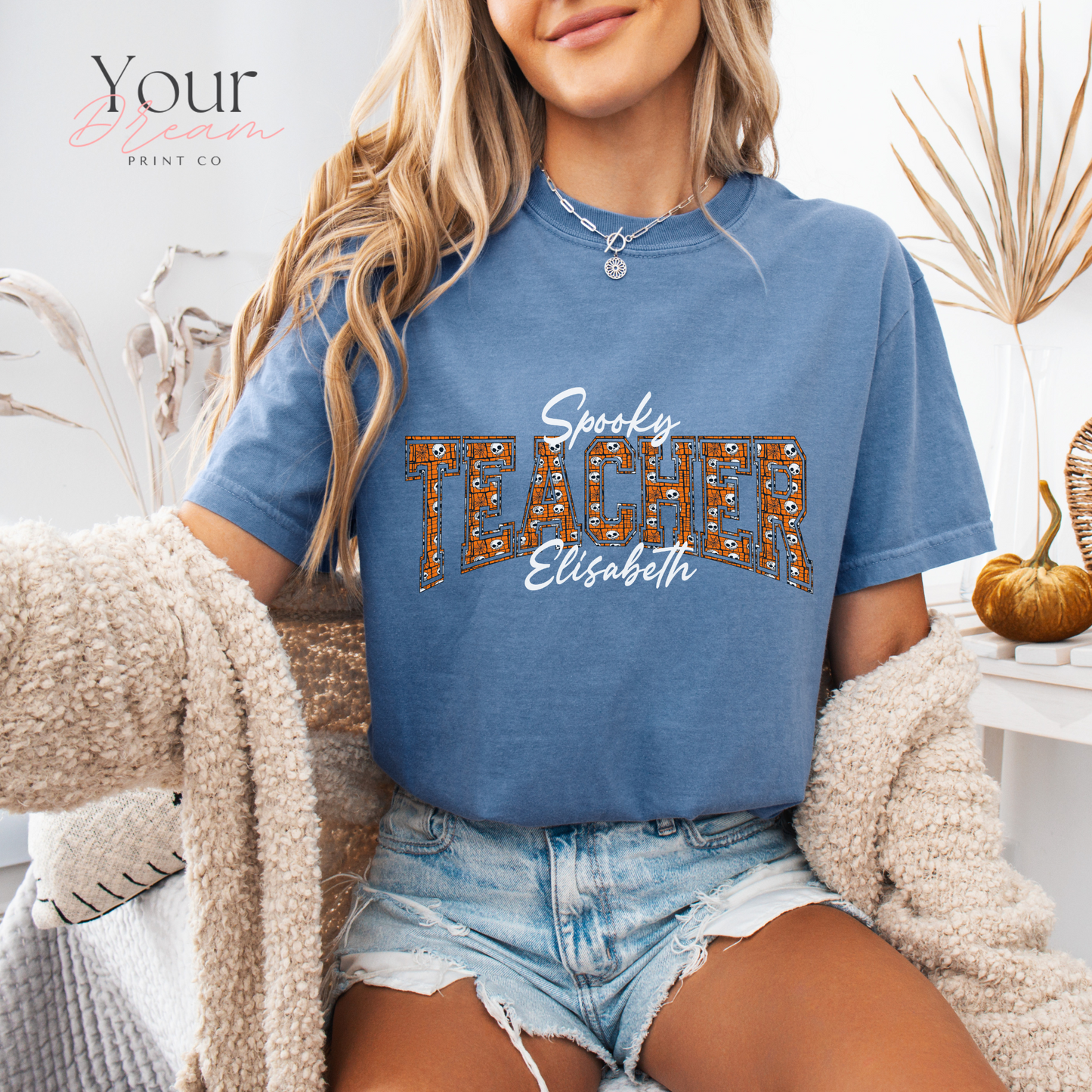 Custom Spooky Teacher T-Shirt | Varsity Letter Halloween Shirt