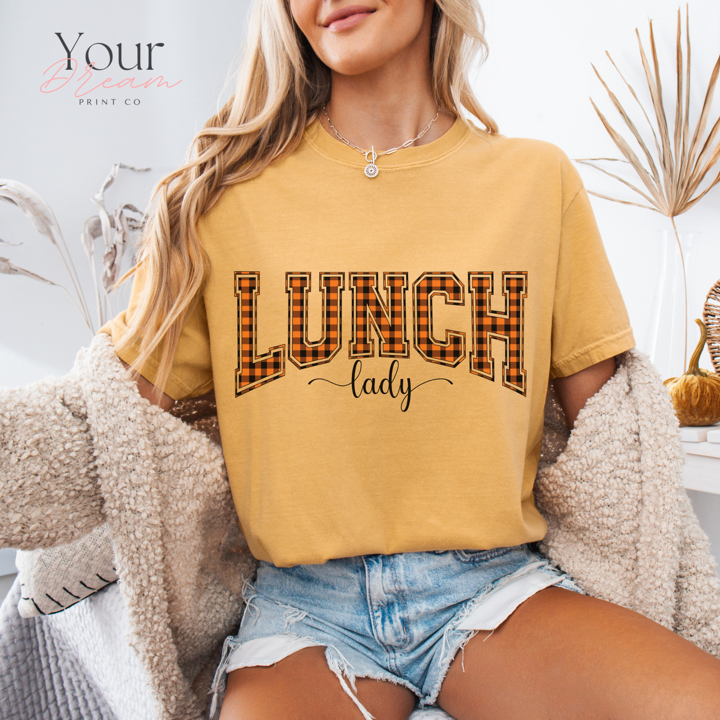 Lunch Lady Halloween T-Shirt – Varsity Checkered Letters in Spooky Colors