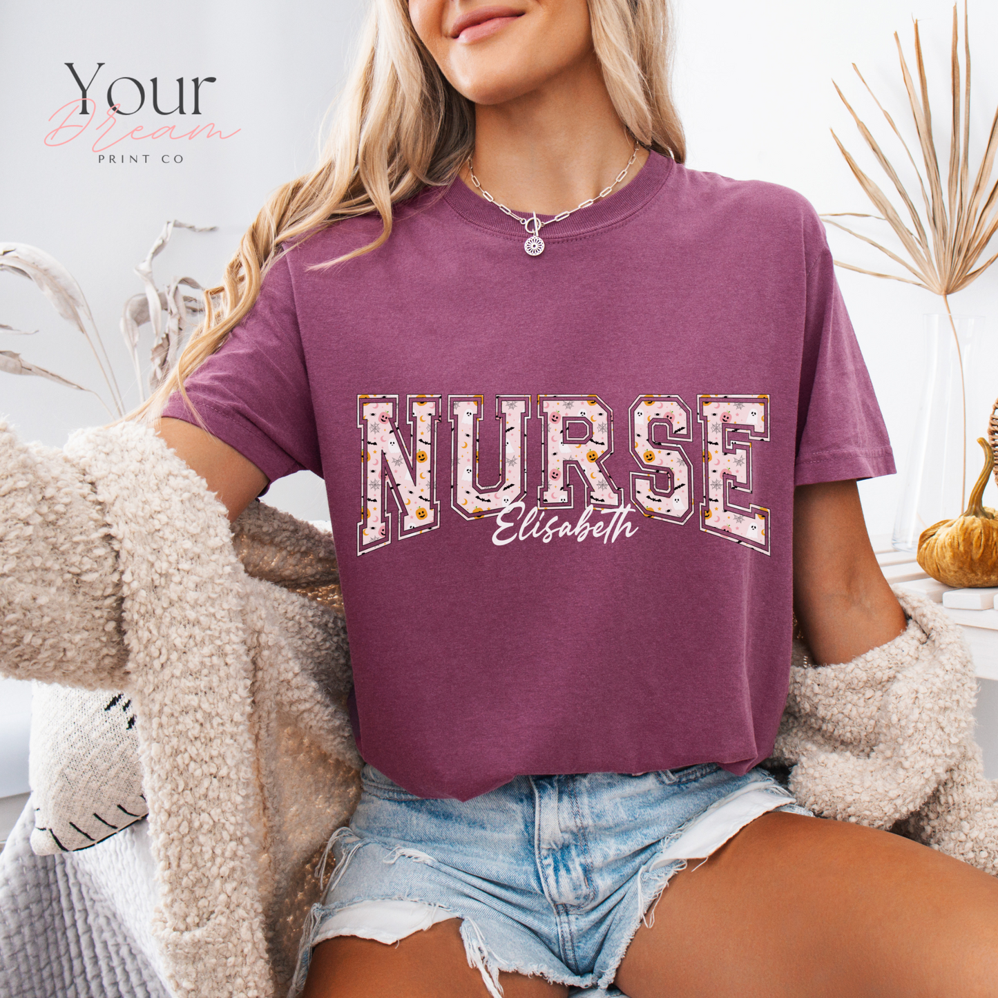 Custom Nurse Halloween T-Shirt – Varsity Lettering with Ghosts & Pumpkins Print