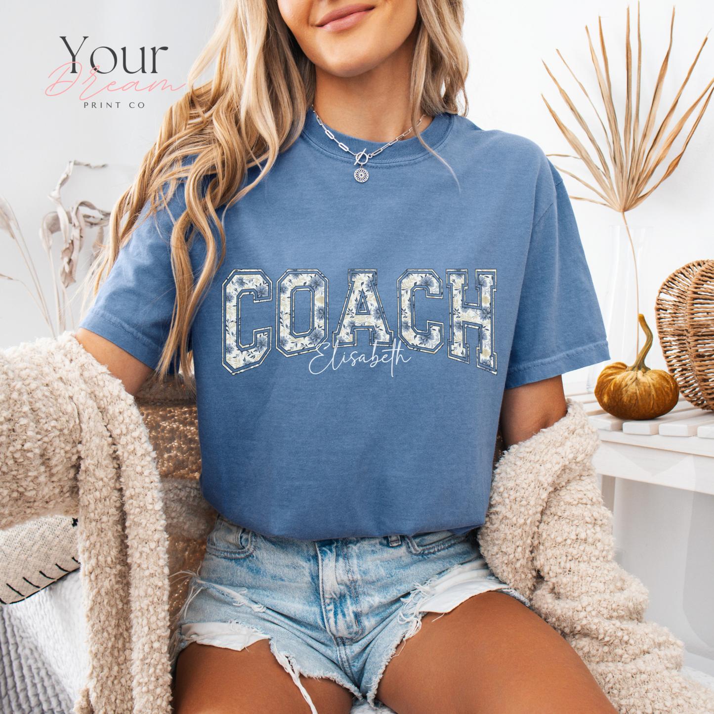 Custom Winter Coach Motivational T-Shirt – Minimalist Blue Floral Design with Name