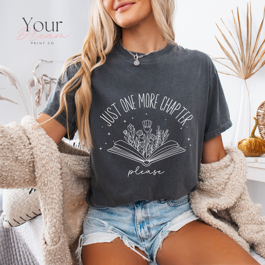 Book Lovers T-Shirt – Just One More Chapter Please with Minimalist Floral Book Design