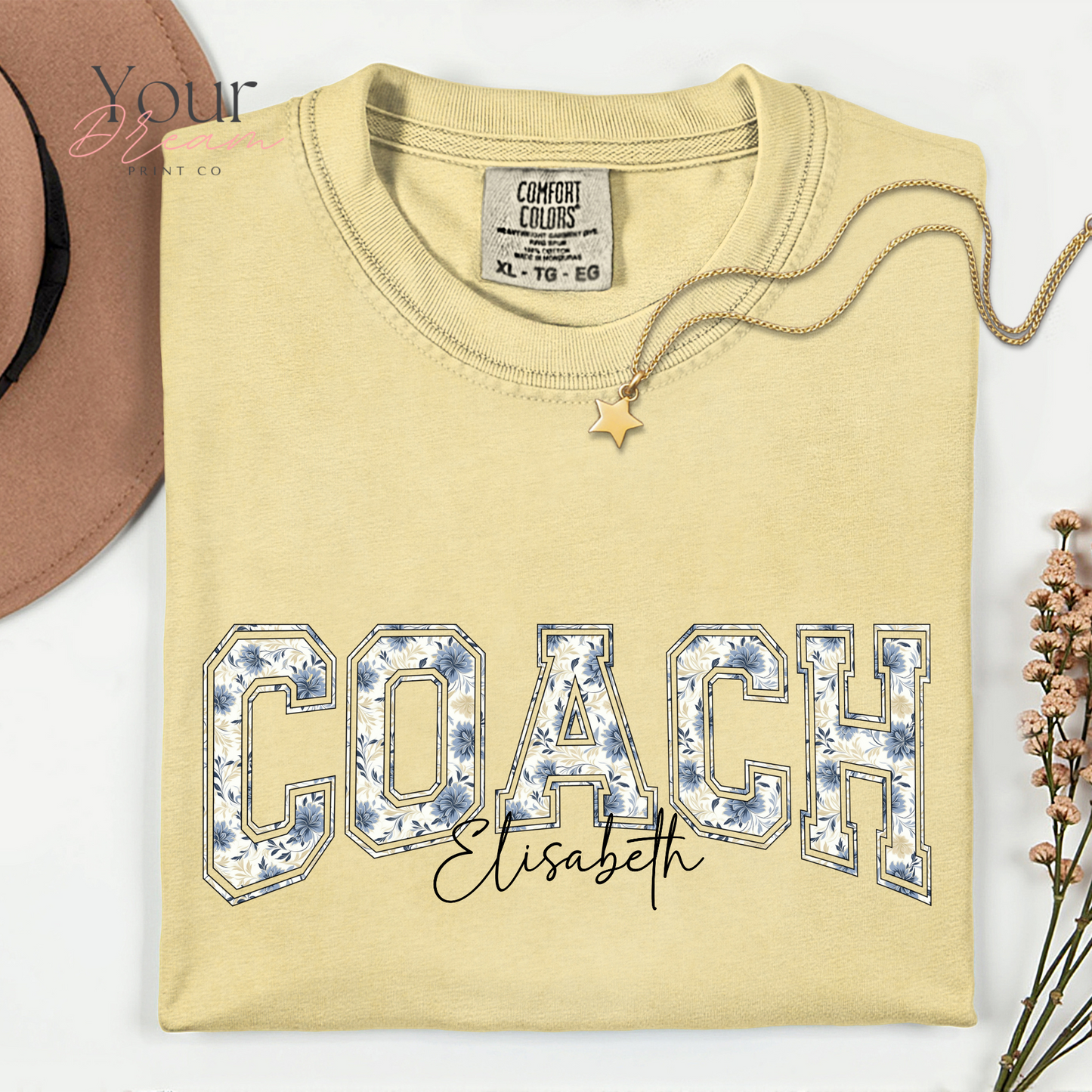 Custom Winter Coach Motivational T-Shirt – Minimalist Blue Floral Design with Name